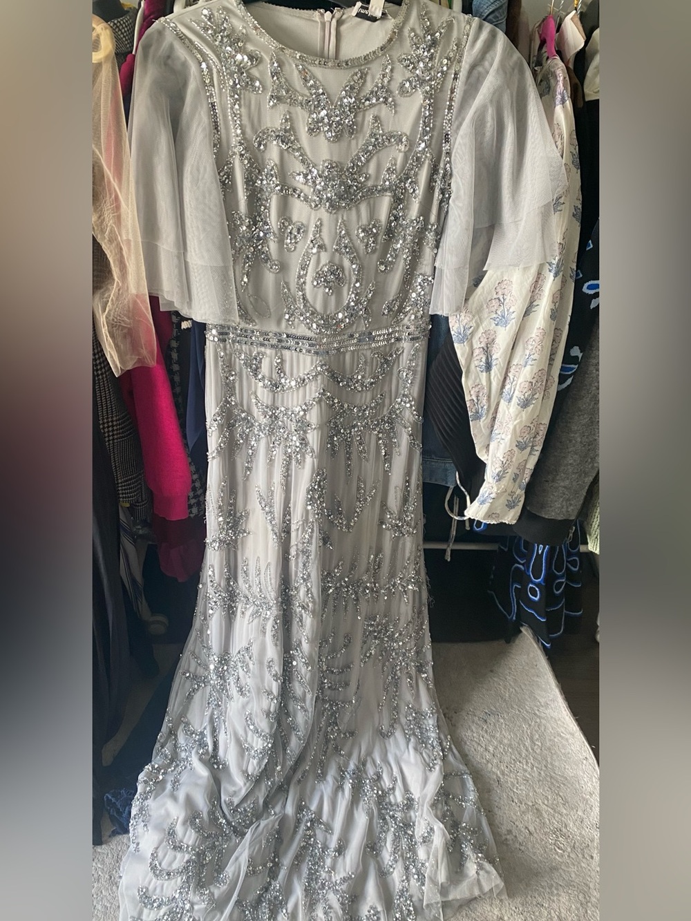 Silver Embellished Maxi Dress  Cape Sleeves Sz 12